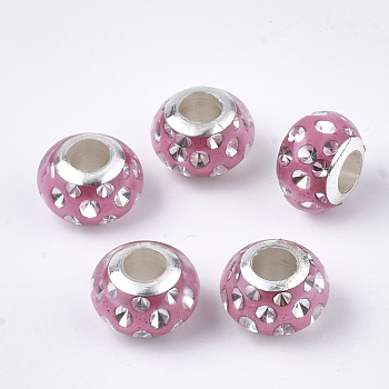 Resin European Beads, Large Hole Beads, with Rhinestone & Platinum Tone Brass Single Core, Rondelle, Hot Pink, 11.5x8mm, Hole: 5mm