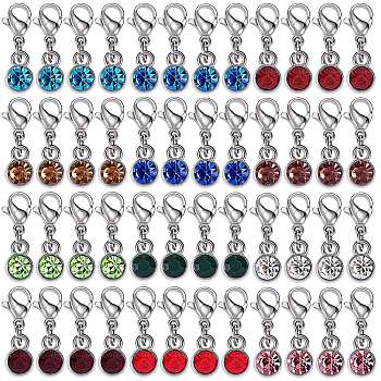 Alloy Birthstone Pendant Decorations, with Rhinestones and 304 Stainless Steel Lobster Claw Clasps, Stainless Steel Color, Mixed Color, 20mm, 48pcs/set
