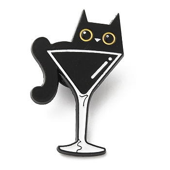 Alloy Enamel Pins, Cat with Goblet Brooches, Electrophoresis Black, 34.5x21.5x1.5mm