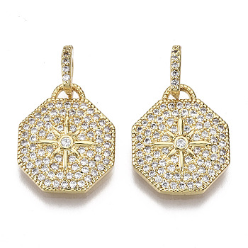 Brass Micro Pave Cubic Zirconia Pendants, Octagon with Star, Nickel Free, Clear, Real 16K Gold Plated, 16.5x14x2.5mm, Hole: 1.5mm