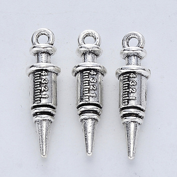 Tibetan Style Alloy Pendants, Cadmium Free & Lead Free, Injection Syringe Shape, Antique Silver, 24.5x6.5mm, Hole: 1.8mm, about 259pcs/500g
