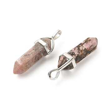 2Pcs Natural Rhodonite Double Terminated Pointed Pendants, Faceted Bullet Charms, with Random Alloy Pendant Hexagon Bead Cap Bails, Platinum, 37~40x12mm, Hole: 3x4mm