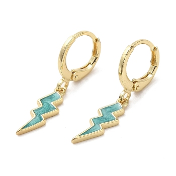 Lightning Bolt Real 18K Gold Plated Brass Dangle Leverback Earrings, with Enamel, Turquoise, 29x5.5mm