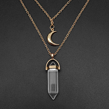 Natural Quartz Crystal Cone Pendant Double Layer Necklace, with Moon Charms, 19.69 inch(50cm)