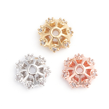 Multi-Petal Brass Micro Pave Clear Cubic Zirconia Fancy Bead Caps, Flower, Mixed Color, 6.5x2.5mm, Hole: 1mm