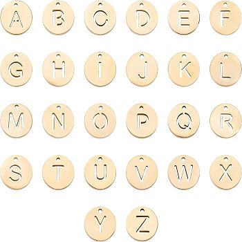 26Pcs 26 Letters 304 Stainless Steel Charms, Ion Plating (IP), Flat Round with Alphabet, Letter A~Z, 10x1.5mm, Hole: 1mm, 1pc/letter