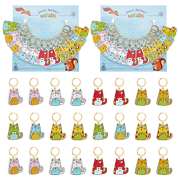 Cat Printed Wooden Pendant Stitch Markers, Crochet Leverback Hoop Charms, Locking Stitch Marker with Wine Glass Charm Ring, Mixed Color, 4cm, 12pcs/set, 2 sets/box