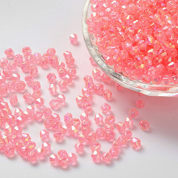 Bicone AB Color Plated Eco-Friendly Transparent Acrylic Beads, Faceted, Pink, 4x4mm, Hole: 1mm, about 16600pcs/500g