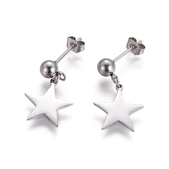 304 Stainless Steel Dangle Stud Earrings, Hypoallergenic Earrings, with Ear Nuts/Earring Back, Star, Stainless Steel Color, 22.5mm, Pin: 0.6mm, 6pairs/card