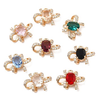 Glass Pendants with Rhinestone, with Light Gold Brass Findings, Bowknot Charms, Mixed Color, 12.5x17~18x6mm, Hole: 1.6mm
