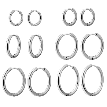 6 Pairs 6 Style Small Huggie Hoop Earrings for Girl Women, 202 Stainless Steel Hypoallergenic Cartilage Earrings, with 304 Stainless Steel Pin, Stainless Steel Color, 13~25x14~25x2.5~3mm, Pin: 1mm, 1pair/style