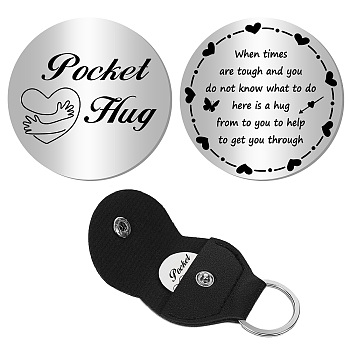 1Pc 201 Stainless Steel Commemorative Coins, Pocket Hug Coin, Inspirational Quote Coin, Flat Round, Stainless Steel Color, with 1Pc PU Leather Guitar Clip, Word, 30x2mm