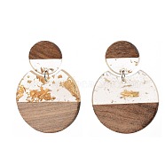 Transparent Resin & Walnut Wood Dangle Stud Earrings, with Gold Foil, Steel Pin and plastic Ear Nuts, Flat Round, Gold, 49.5mm, Pin: 0.7mm(EJEW-JE04281-01)