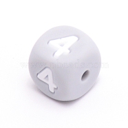 Silicone Beads, for Bracelet or Necklace Making, Arabic Numerals Style, Gray Cube, Num.4, 10x10x10mm, Hole: 2mm(SIL-TAC001-02D-4)