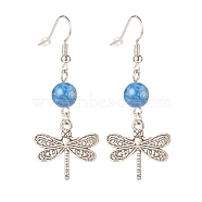 Round Natural Mashan Jade with Alloy Dragonfly Dangle Earrings, Brass Earrings for Women, Medium Blue, 50mm, Pin: 0.6mm(EJEW-JE04855-04)