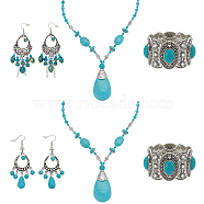 ANATTASOUL 2 Sets 2 Style Synthetic Turquoise Teardrop Lariat Necklace & Chandelier & Oval Beaded Stretch Bracelet, Ethnic Alloy Jewelry Set for Women, Antique Silver, 73.5~87.5mm, Pin: 0.5~0.6mm, Inner Diameter: 52mm, 493mm, 1 sets/style(SJEW-AN0001-02)