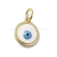 Brass Enamel Charms, with Jump Ring, Real 18K Gold Plated, Flat Round with Evil Eye Charm, White, 13.5x11.5x3.7mm, Hole: 3.2mm(KK-E092-14G-03)