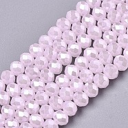 Electroplate Glass Beads Strands, Imitation Jade Beads, Pearl Luster Plated, Faceted, Rondelle, Pink, 6x5mm, Hole: 1mm, about 83~85pcs/strand, 38~39cm(EGLA-A034-J6mm-A03)