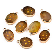 Natural Agate Pendants, with Light Gold Plated Brass Edge & Iorn Loops, Gold Powder, Dyed & Heated, Oval with Star Charm, Dark Goldenrod, 23~24x15~16.5x4~6.5mm, Hole: 1.6mm(G-N326-155D)