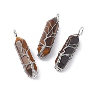 Natural Tiger Eye Copper Wire Wrapped Pendants, Faceted Bullet Charms, Platinum, 49x14.5x11.5mm, Hole: 5mm(G-F733-05A)