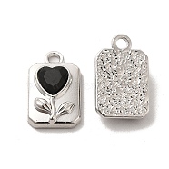 Glass Rectangle with Heart Pendants, with Platinum Alloy Finding, Long-Lasting Plated, Cadmium Free & Lead Free, Black, 17x10.5x5mm, Hole: 2mm(PALLOY-E024-30P-02)