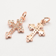 Brass Micro Pave Grade AAA Cubic Zirconia Pendants, Long-Lasting Plated, Cross, Cadmium Free & Nickel Free & Lead Free, Real Rose Gold Plated, 18x11x1.5mm, Hole: 3mm(ZIRC-G090-02RG-NR)