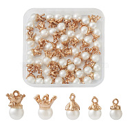50Pcs 5 Styles Resin Imitation Pearl Pendants, with Light Gold Plated Alloy Findings, Mix-shaped, Floral White, 7.5~15.5x7.5~12x7.5~10.5mm, Hole: 1.2~1.5mm, 10pcs/style(RESI-CD0001-16)