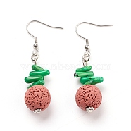 Natural Lava Rock Dangle Earrings, with Synthetic Gemstones, Alloy Spacer Beads and Stainless Steel Earring Hooks, Round, Coral, 55~56mm, Pin: 0.7mm(EJEW-E260-B10)