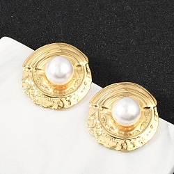 304 Stainless Steel ABS Plastic Pearl Stud Earrings for Women, Ion Plating(IP), Flat Round, Real 18K Gold Plated, 29.5x28mm(EJEW-U046-11G)