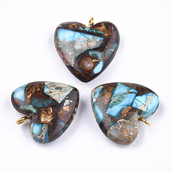 Assembled Bronzite and Imperial Jasper Pendants, with Iron Findings, Heart, Golden, 20~22x19~20x5~7mm, Hole: 2mm(X-G-T111-04E)