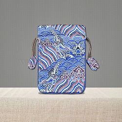 Chinese Style Brocade Drawstring Gift Blessing Bags, Landscape Print Jewelry Storage Pouches for Wedding Party Candy Packaging, Rectangle, Royal Blue, 15x10cm(PW-WG24924-03)