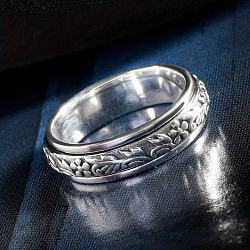 Retro Brass Finger Rings for Women, Embossing Flower Pattern, Platinum, US Size 7(17.3mm)(FS-WGFF21C-02)