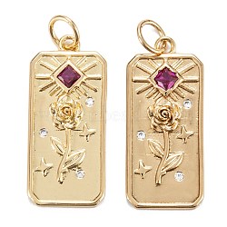 Brass Micro Pave Cubic Zirconia Pendants, Long-Lasting Plated, Rectangle with Rose Flower, Sun & Star, Real 18K Gold Plated, 23x10.5x2mm, Hole: 3.4mm, Jump Ring: 5x0.8mm(ZIRC-G170-05G)