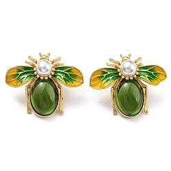 Alloy Enamel Bees Stud Earrings with Glass Beaded, Plastic Imitation Pearl Earrings with 925 Sterling Silver Pins, Green, 31x37mm(EJEW-F323-03G)