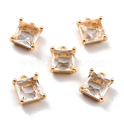 Rack Plating Brass Glass Charms, Long-Lasting Plated, Square, Real 18K Gold Plated, 11.5x9x5.5mm, Hole: 1.6mm(KK-D070-03G)