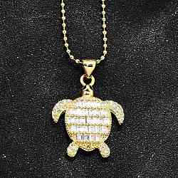 Summer Beach Brass Pave Cubic Zirconia Turtle Pendant Necklaces for Women, Real 18K Gold Plated, Clear, 17.83 inch(45.3cm)(NJEW-U039-02G-02)