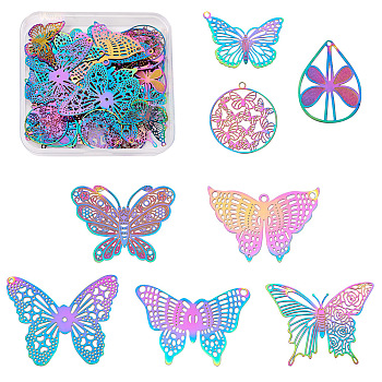 48Pcs 8 Style 201 Stainless Steel Filigree Pendants, Etched Metal Embellishments, Butterfly, Rainbow Color, 6pcs/style