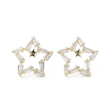 Star Cubic Zirconia Stud Earrings, Brass Earrings, Long-Lasting Plated, Golden, 14.5x15mm