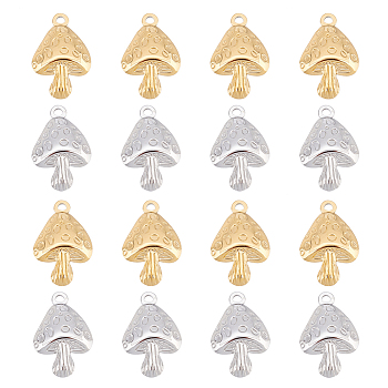 HOBBIESAY 16Pcs 2 Colors 304 Stainless Steel Pendants, Mushroom Charm, Real Gold Plated & Stainless Steel Color, 23.5x15.5x4mm, Hole: 1.8mm, 8pcs/color