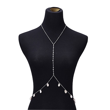 Body Necklace, with 304 Stainless Steel Cable Chains, Glass Beads and Shell Beads, Stainless Steel Color, 19.6 inch(50cm), 2.5mm