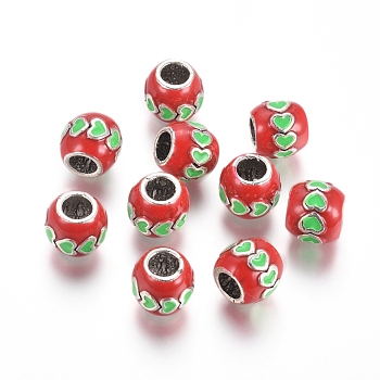 Antique Silver Plated Alloy European Beads, Large Hole Beads, with Enamel, Barrel with Heart, Red, 10x9mm, Hole: 5mm