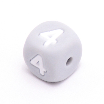 Silicone Beads, for Bracelet or Necklace Making, Arabic Numerals Style, Gray Cube, Num.4, 10x10x10mm, Hole: 2mm