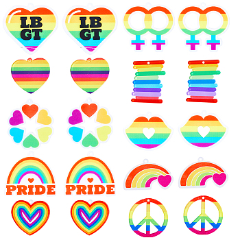 20Pcs 10 Style Pride Style & Rainbow Color Printed Acrylic Pendants, Mixed Shape, Mixed Patterns, 24~38x27~40x2~2.5mm, Hole: 1.5~1.6mm, 2pcs/style