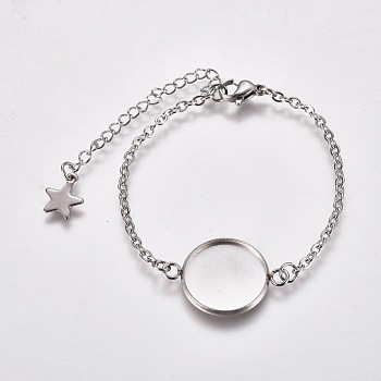 304 Stainless Steel Bracelet Making, with Lobster Claw Clasps, Cable Chains and Flat Round Cabochon Settings, Stainless Steel Color, Tray: 16mm, 5-5/8 inch(14.4cm)