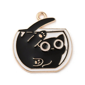 Alloy Enamel Pendants, Light Gold, Fish Tank with Cat Charm, Black, 26x24.5x1.5mm, Hole: 2mm