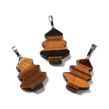 Natural Tiger Eye Pendants, Christmas Tree Charms with Rack Plating Brass Snap on Bails, Platinum, 34x20x5mm, Hole: 8x5mm