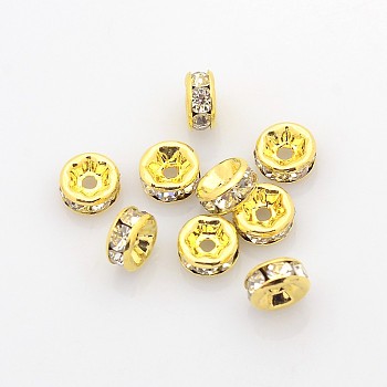 Brass Rhinestone Spacer Beads, Grade AAA, Straight Flange, Nickel Free, Golden Metal Color, Rondelle, Crystal, 6x3mm, Hole: 1mm