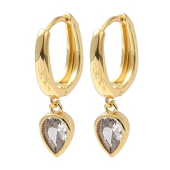 Cubic Zirconia Teardrop Dangle Hoop Earrings, Rack Plating Brass Earrings for Women, Lead Free & Cadmium Free, Real 18K Gold Plated, 25.5x6mm