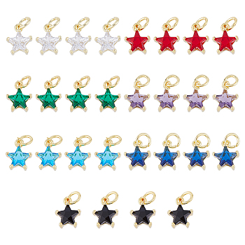 28PCS 7Colors Brass Cubic Zirconia Charms, Real 18K Gold Plated, Cadmium Free & Lead Free, Star, Mixed Color, 10x8x4mm, Hole: 3.8mm, 4pcs/color