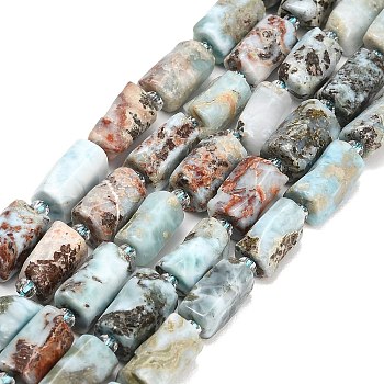 Natural Larimar Beads Strands, Column, with Seed Beads, 10~14x6~9.5mm, Hole: 1mm, about 27~31pcs/strand, 15.16~15.75''(38.5~40cm)